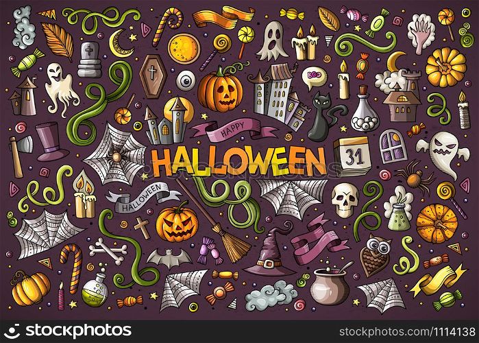 Colorful vector hand drawn Doodle cartoon set of objects and symbols on the Halloween theme. Colorful vector hand drawn Doodle cartoon set of objects