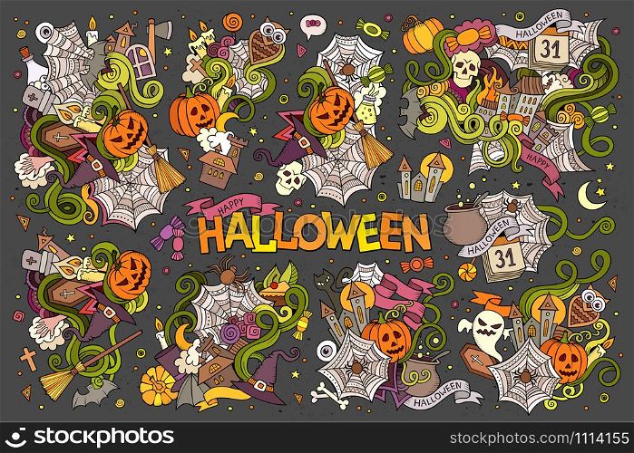 Colorful vector hand drawn Doodle cartoon set of objects and symbols on the Halloween theme