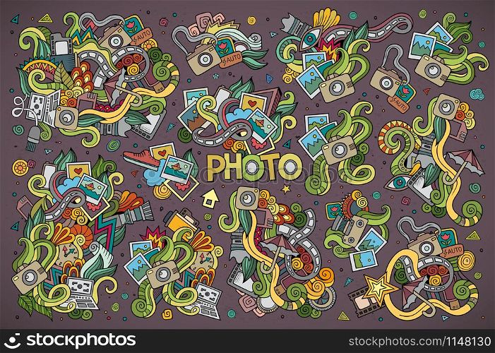 Colorful vector hand drawn Doodle cartoon set of objects and symbols on the photo theme. Colorful vector hand drawn Doodle photo set of objects