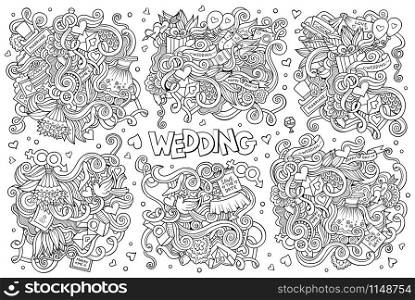 Colorful vector hand drawn Doodle cartoon set of objects and symbols on the wedding theme. Colorful vector hand drawn Doodle cartoon set of objects