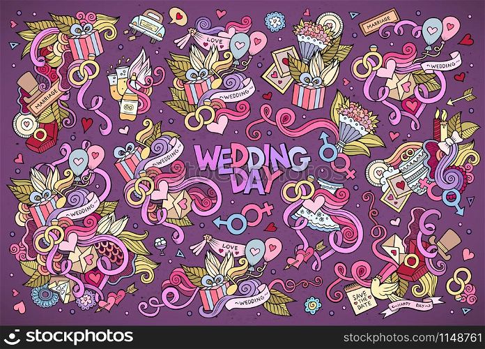 Colorful vector hand drawn Doodle cartoon set of objects and symbols on the wedding theme. Colorful vector wedding Doodle cartoon set of objects