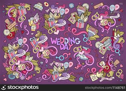 Colorful vector hand drawn Doodle cartoon set of objects and symbols on the wedding theme. Colorful vector wedding Doodle cartoon set of objects