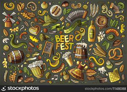 Colorful vector hand drawn doodle cartoon set of Oktoberfest theme items, objects and symbols. Vector doodle cartoon set of Beer fest objects and symbols