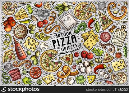 Colorful vector hand drawn doodle cartoon set of Pizza theme items, objects and symbols. Set of Pizza items, objects and symbols