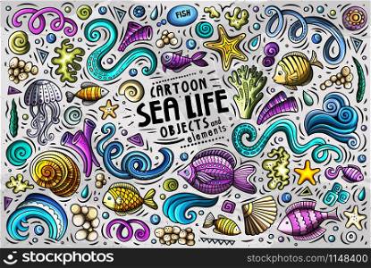 Colorful vector hand drawn doodle cartoon set of Sea Life theme items, objects and symbols. Doodle cartoon set of Sea Life objects and symbols