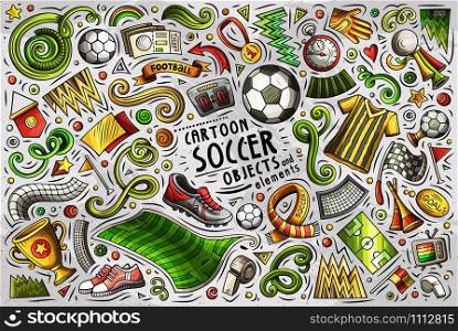 Colorful vector hand drawn doodle cartoon set of Soccer theme items, objects and symbols. Vector doodle cartoon set of Soccer objects