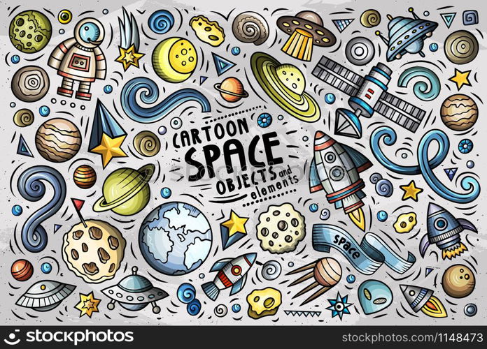 Colorful vector hand drawn doodle cartoon set of SPACE theme items, objects and symbols. Doodle cartoon set of SPACE theme objects and symbols