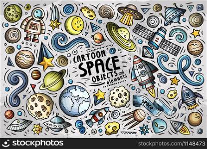 Colorful vector hand drawn doodle cartoon set of SPACE theme items, objects and symbols. Doodle cartoon set of SPACE theme objects and symbols