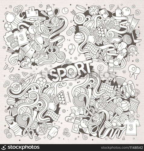 Colorful vector hand drawn doodle cartoon set of Sport designs. Doodle cartoon set of Sport designs
