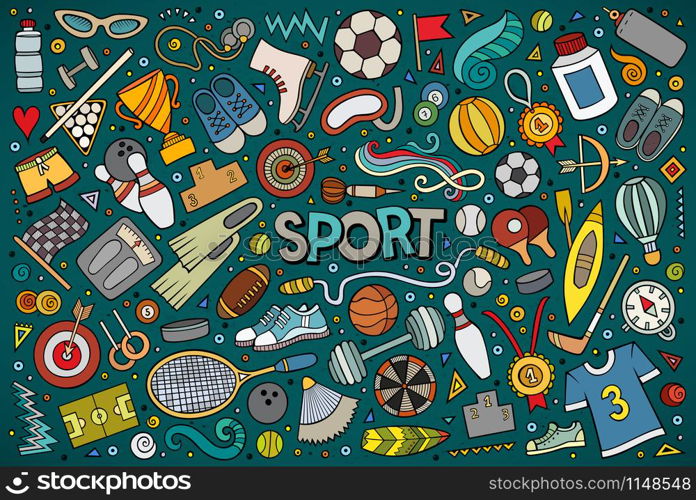 Colorful vector hand drawn doodle cartoon set of Sport objects and symbols. Doodle cartoon set of Sport objects and symbols