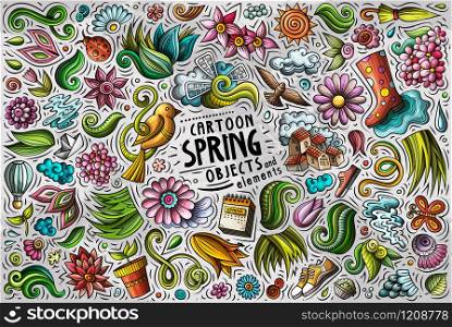 Colorful vector hand drawn doodle cartoon set of Spring theme items, objects and symbols. Set of Spring theme items, objects and symbols