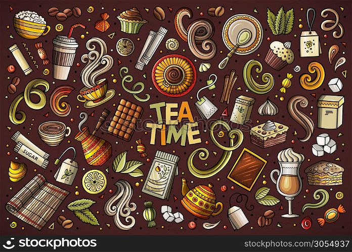 Colorful vector hand drawn doodle cartoon set of tea and coffee theme items, objects and symbols. Vector doodle cartoon set of tea and coffee objects