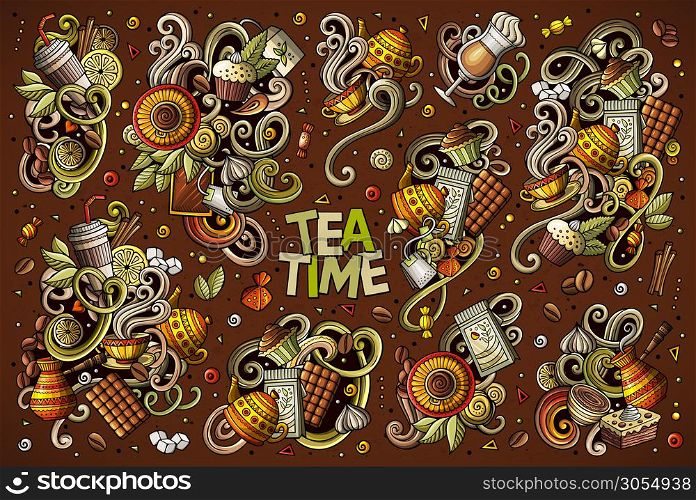 Colorful vector hand drawn doodle cartoon set of tea and coffee theme items, objects and symbols. All objects separate.. Vector doodle cartoon set of tea and coffee objects