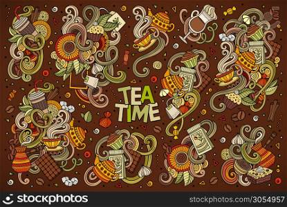 Colorful vector hand drawn doodle cartoon set of tea and coffee theme items, objects and symbols. Vector doodle cartoon set of tea and coffe