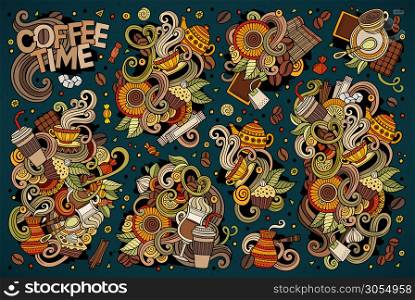 Colorful vector hand drawn doodle cartoon set of tea and coffee theme items, objects and symbols. Vector doodle cartoon set of tea and coffe
