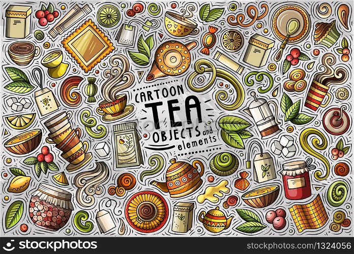 Colorful vector hand drawn doodle cartoon set of Tea theme items, objects and symbols. Vector set of Tea theme items, objects and symbols