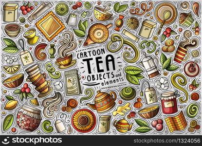 Colorful vector hand drawn doodle cartoon set of Tea theme items, objects and symbols. Vector set of Tea theme items, objects and symbols