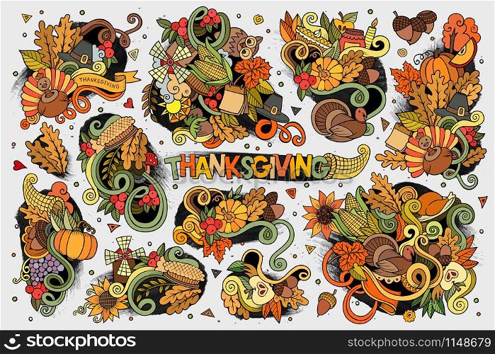 Colorful vector hand drawn doodle cartoon set of Thanksgiving objects and symbols. Set of Thanksgiving objects and symbols