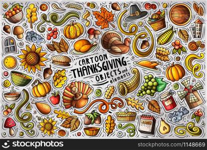 Colorful vector hand drawn doodle cartoon set of Thanksgiving theme items, objects and symbols. Colorful hand drawn doodle cartoon set of Thanksgiving objects and symbols