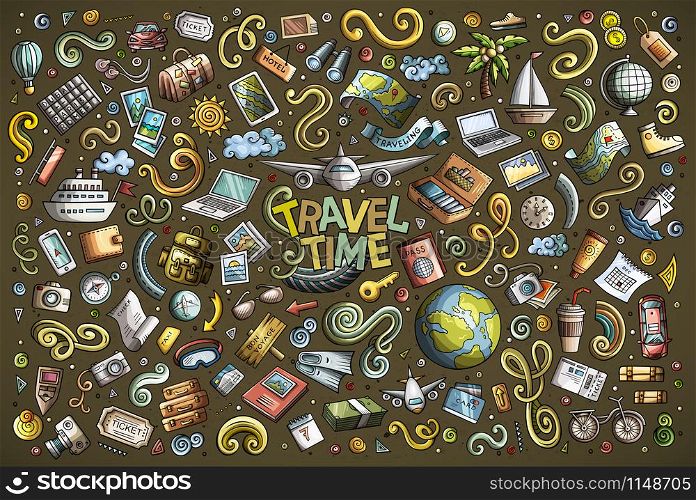 Colorful vector hand drawn doodle cartoon set of travel planning theme items, objects and symbols. Vector doodle cartoon set of travel theme items