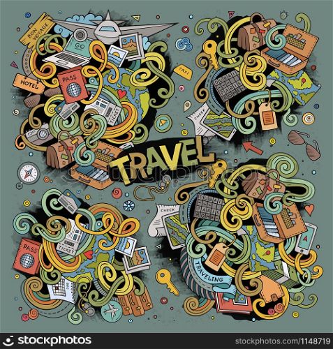Colorful vector hand drawn doodle cartoon set of travel planning theme items, objects and symbols. Vector doodle cartoon set of travel theme items