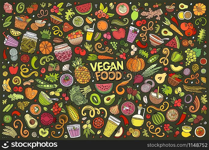 Colorful vector hand drawn doodle cartoon set of Vegan food objects and symbols. Vector set of Vegan food objects and symbols