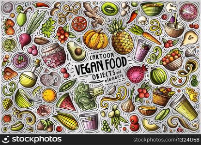 Colorful vector hand drawn doodle cartoon set of Vegan food theme items, objects and symbols. Vector set of Vegan food theme items, objects and symbols