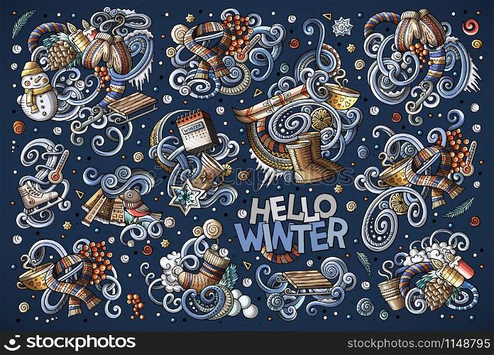 Colorful vector hand drawn doodle cartoon set of Winter season objects and symbols. All items are separate.. Cartoon set of Winter season doodles designs