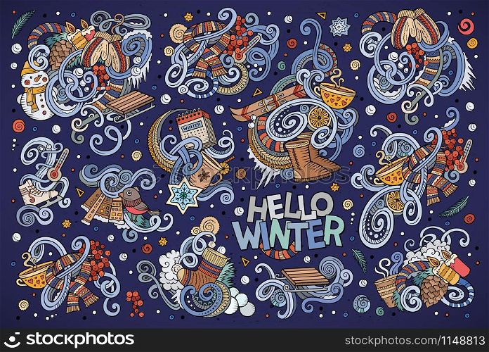 Colorful vector hand drawn doodle cartoon set of Winter season objects and symbols. Cartoon set of Winter season doodles designs