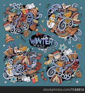 Colorful vector hand drawn doodle cartoon set of Winter season objects and symbols. Cartoon set of Winter season doodles designs