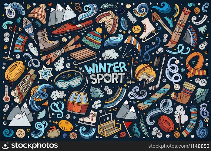 Colorful vector hand drawn doodle cartoon set of Winter sports objects and symbols
