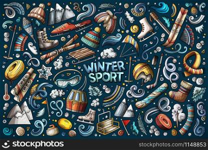 Colorful vector hand drawn doodle cartoon set of Winter sports objects and symbols. Colorful vector Winter sports objects and symbols