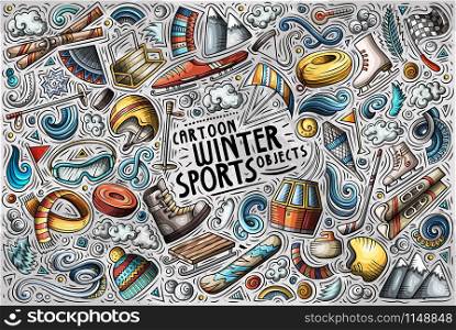 Colorful vector hand drawn doodle cartoon set of Winter sports theme items, objects and symbols. Vector hand drawn doodle cartoon set of Winter sports objects and symbols