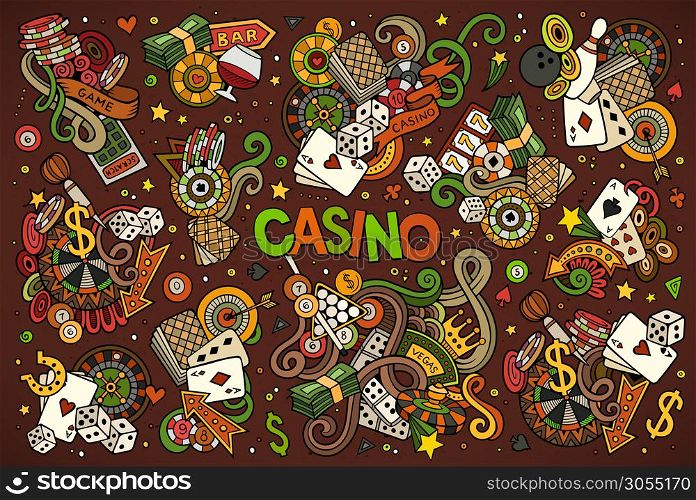 Colorful vector hand drawn doodles cartoon set of Casino objects and symbols. Colorful vector hand drawn doodles cartoon set of Casino objects