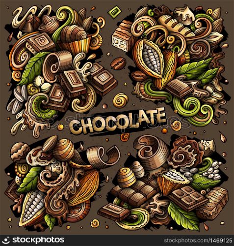 Colorful vector hand drawn doodles cartoon set of Chocolate combinations of objects and elements. All items are separate. Vector doodles cartoon set of Chocolate combinations of objects