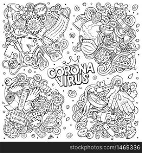Colorful vector hand drawn doodles cartoon set of Coronavirus combinations of objects and elements. All items are separate. Vector doodles cartoon set of Coronavirus objects and elements
