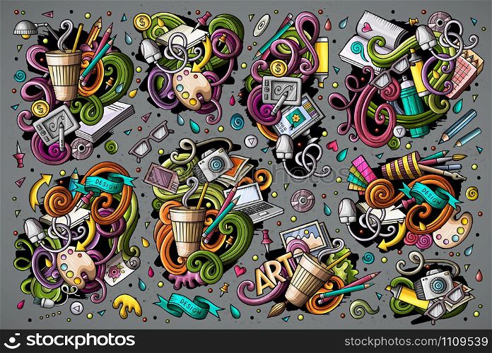 Colorful vector hand drawn doodles cartoon set of design combinations of objects and elements. Vector set of design combinations of objects and elements