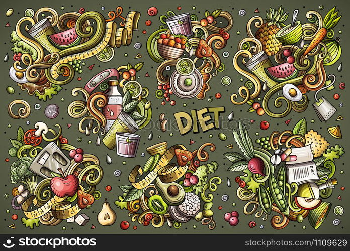 Colorful vector hand drawn doodles cartoon set of Diet food combinations of objects and elements. All items are separate. Vector doodles cartoon set of Diet food combinations of objects and elements