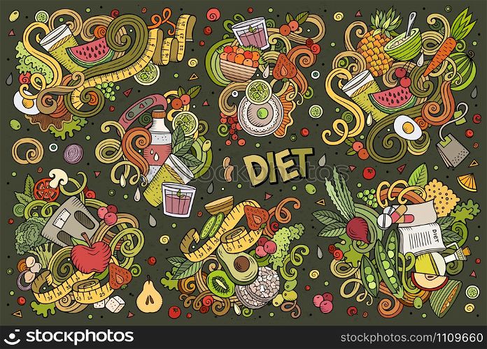 Colorful vector hand drawn doodles cartoon set of Diet food combinations of objects and elements. All items are separate. Vector doodles cartoon set of Diet food combinations of objects and elements