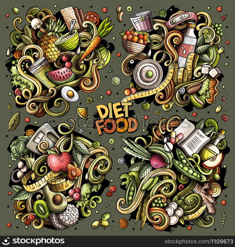 Colorful vector hand drawn doodles cartoon set of Diet food combinations of objects and elements. All items are separate. Vector doodles cartoon set of Diet food combinations of objects and elements