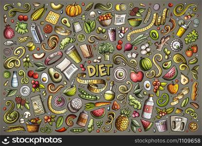 Colorful vector hand drawn doodles cartoon set of Diet food objects and elements. Vector doodles cartoon set of Diet food objects and elements