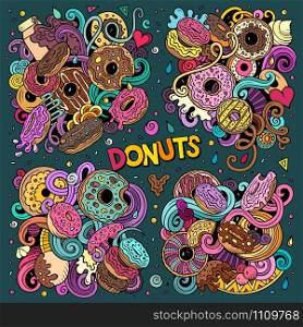 Colorful vector hand drawn doodles cartoon set of Donuts combinations of objects and elements. All items are separate. Colorful vector hand drawn doodles cartoon set of Donuts combinations of objects