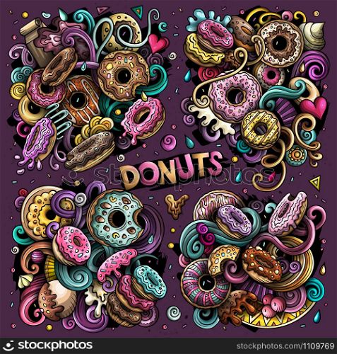 Colorful vector hand drawn doodles cartoon set of Donuts combinations of objects and elements. All items are separate. Colorful vector hand drawn doodles cartoon set of Donuts combinations of objects