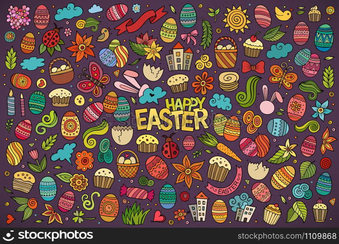 Colorful vector hand drawn doodles cartoon set of Easter objects and symbols. Colorful vector hand drawn doodles cartoon set of Easter objects