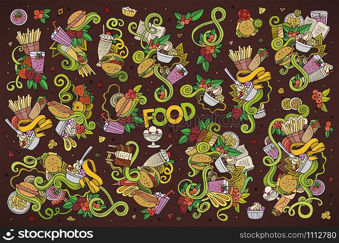 Colorful vector hand drawn doodles cartoon set of food objects and symbols. Colorful vector hand drawn doodles cartoon set of food objects