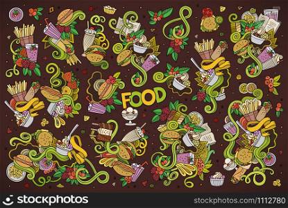 Colorful vector hand drawn doodles cartoon set of food objects and symbols. Colorful vector hand drawn doodles cartoon set of food objects