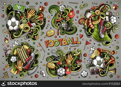 Colorful vector hand drawn doodles cartoon set of football combinations of objects and elements. All items are separate. Vector doodles cartoon set of football combinations of objects