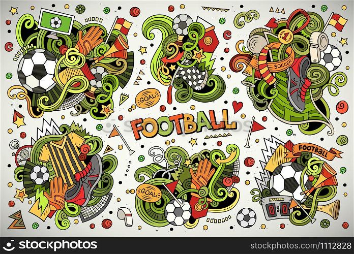 Colorful vector hand drawn doodles cartoon set of football combinations of objects and elements. All items are separate. Vector doodles cartoon set of football combinations of objects