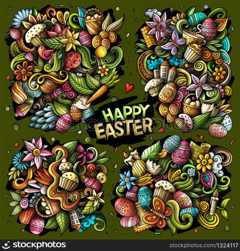 Colorful vector hand drawn doodles cartoon set of Happy Easter combinations of objects and elements. All items are separate. Vector doodles cartoon set of Happy Easter combinations of objects