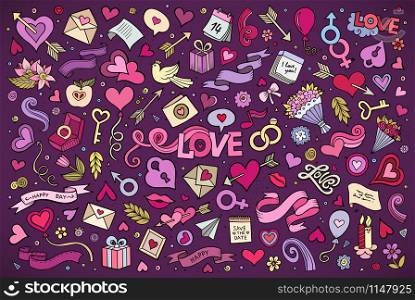 Colorful vector hand drawn doodles cartoon set of Love and Valentines Day objects and symbols. Colorful vector hand drawn doodles cartoon set of Love symbols